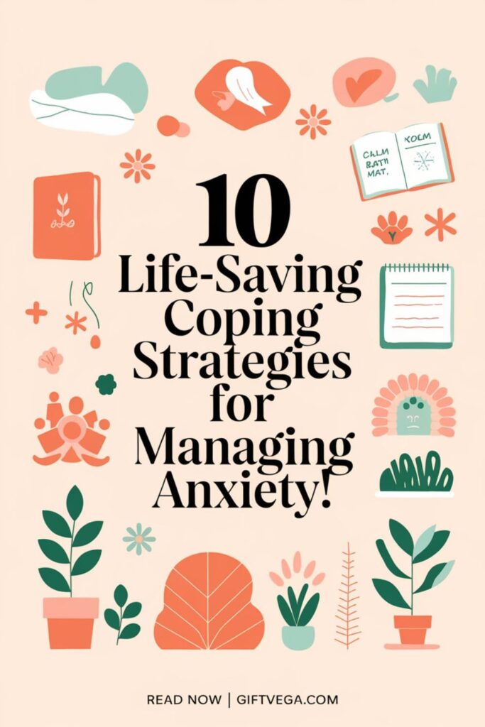 Pinterest style image with bold text '10 Life-Saving Coping Strategies for Managing Anxiety!' and minimal self-care icons