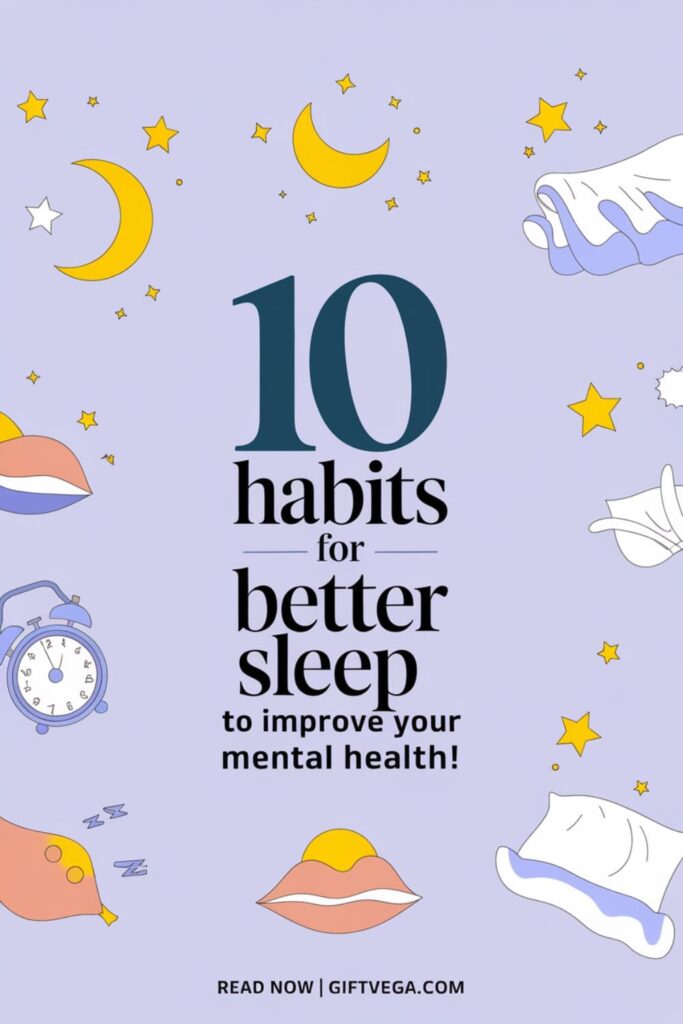 Pinterest style image with bold text_ _10 Habits for Better Sleep to Improve Your Mental Health!_ surrounded by icons