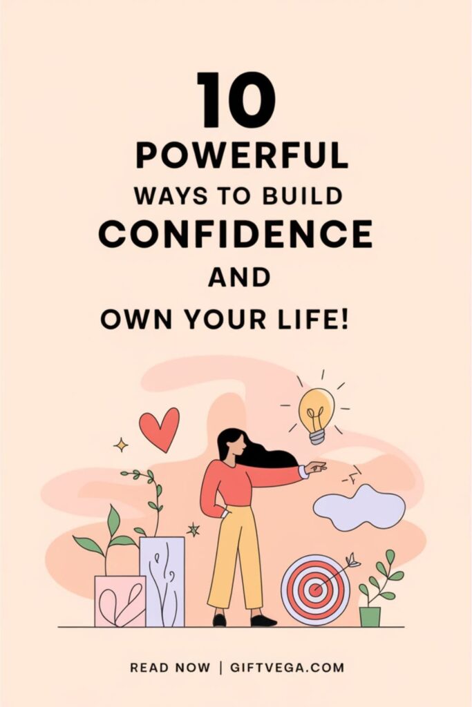 Pinterest style image with soft pastel background with bold text '10 Powerful Ways to Build Confidence and Own Your Life!' surrounded by minimal confidence icons