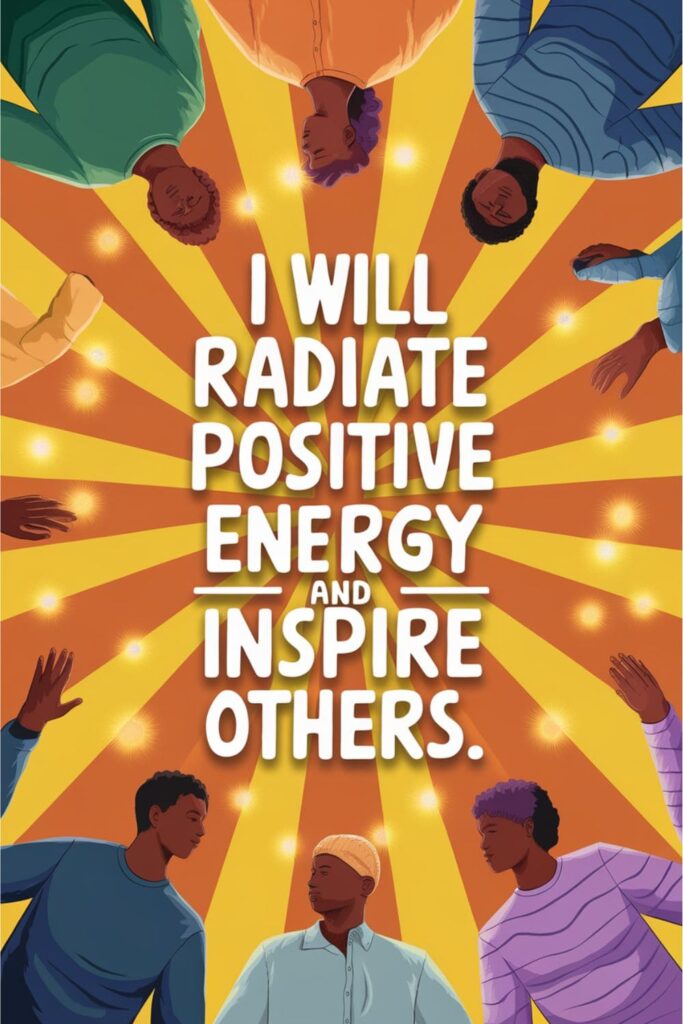 Radiant sunburst with people holding hands and text overlay about spreading positivity
