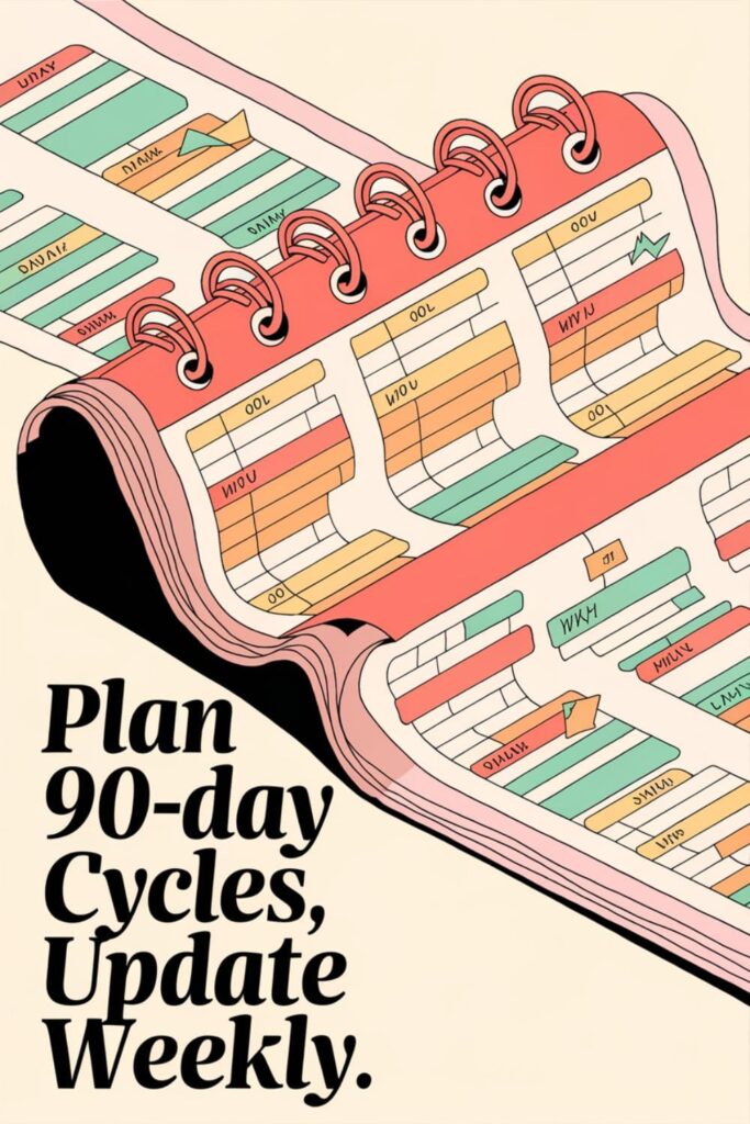 Rolling 90-day calendar with tasks and deadlines updated weekly