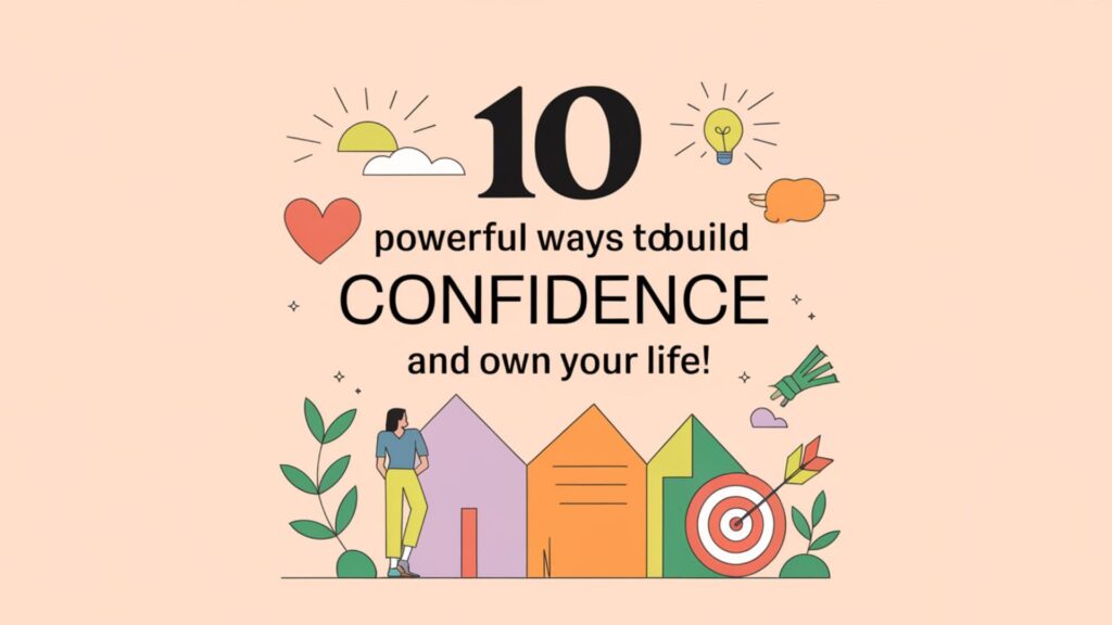 Soft pastel background with bold text '10 Powerful Ways to Build Confidence and Own Your Life!' surrounded by minimal confidence icons like a person, heart, lightbulb, and plant