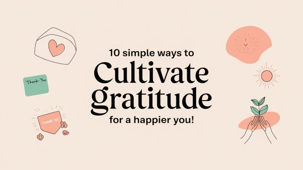 Soft pastel background with bold text '10 Simple Ways to Cultivate Gratitude for a Happier You!' surrounded by gratitude-themed icons