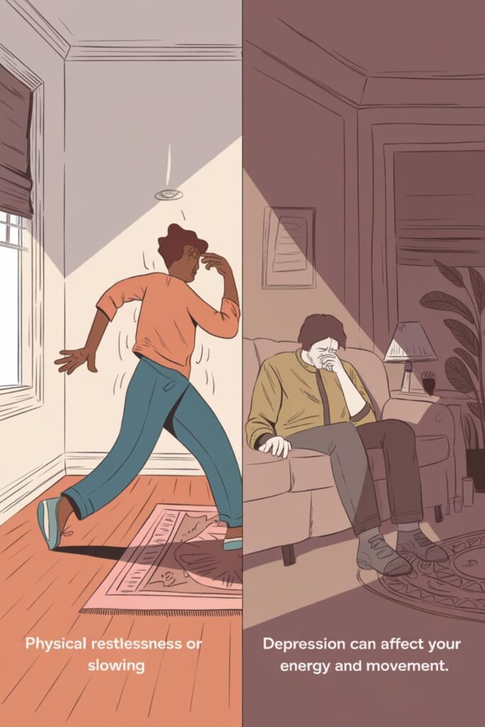 Split screen_ one person pacing anxiously, another sitting sluggishly