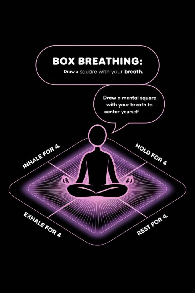 Square graphic with labeled steps_ inhale, hold, exhale, and rest for calm breathing