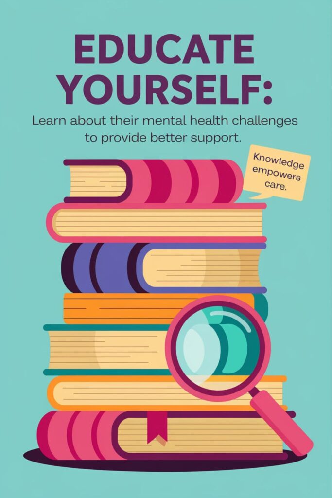 Stack of books and a magnifying glass, encouraging learning about mental health challenges
