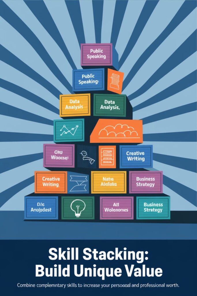 Stacked blocks labeled with complementary skills like public speaking and data analysis