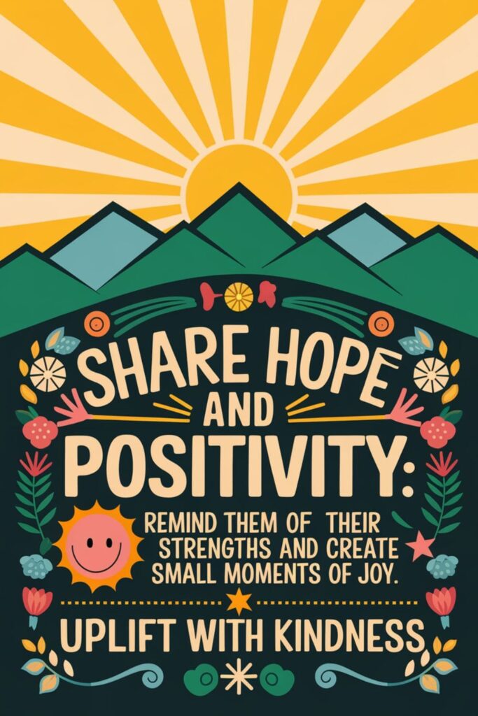 Sun rising over mountains, with text about sharing hope and creating small joyful moments