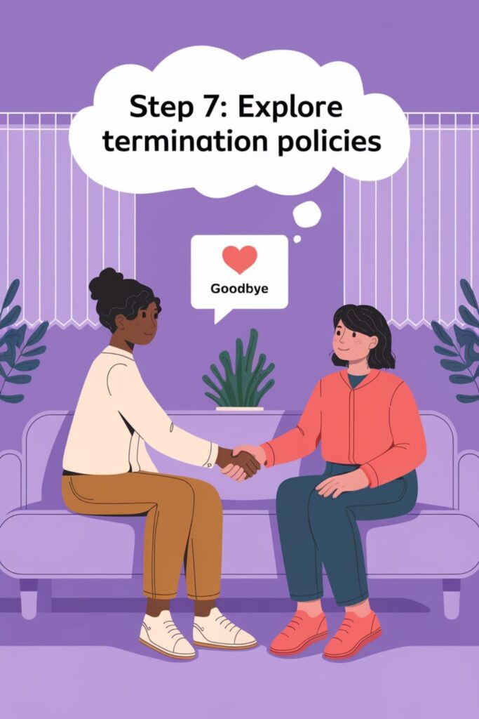 Therapist and client shaking hands with 'Goodbye' icon, lavender background