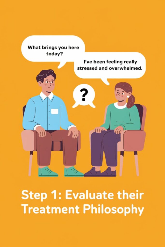 Therapist and client talking in an office with speech bubbles, yellow background