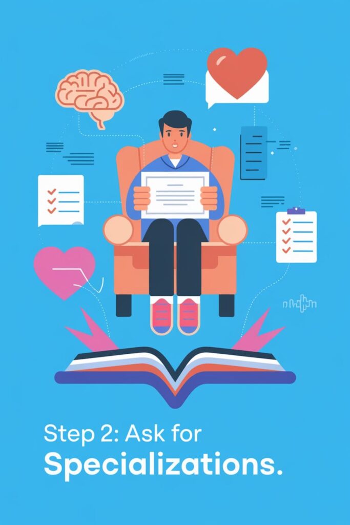 Therapist holding a certificate surrounded by icons, blue background