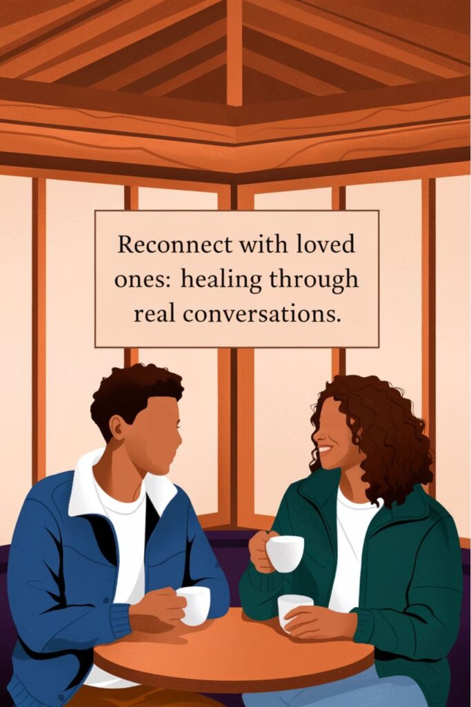 Two friends chatting over coffee in a cozy setting
