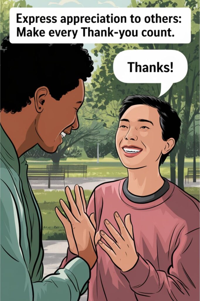 Two people smiling as one sincerely thanks the other