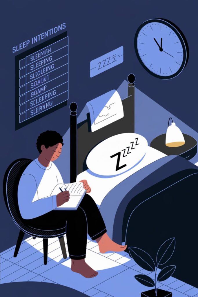 Writing sleep goals in a journal to create a purposeful bedtime routine