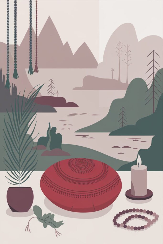 illustration of a cozy meditation corner. There's a cushion on the floor, a plant, a candle, and a string of beads